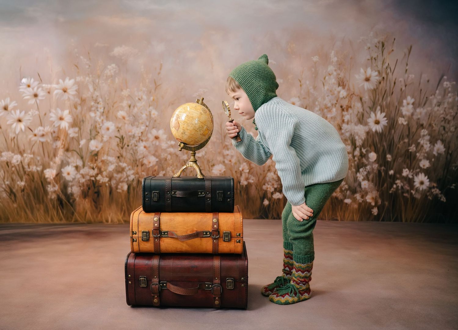 A boy with  vintage suitcases shown in different positions against a whimsical flowered wall background.