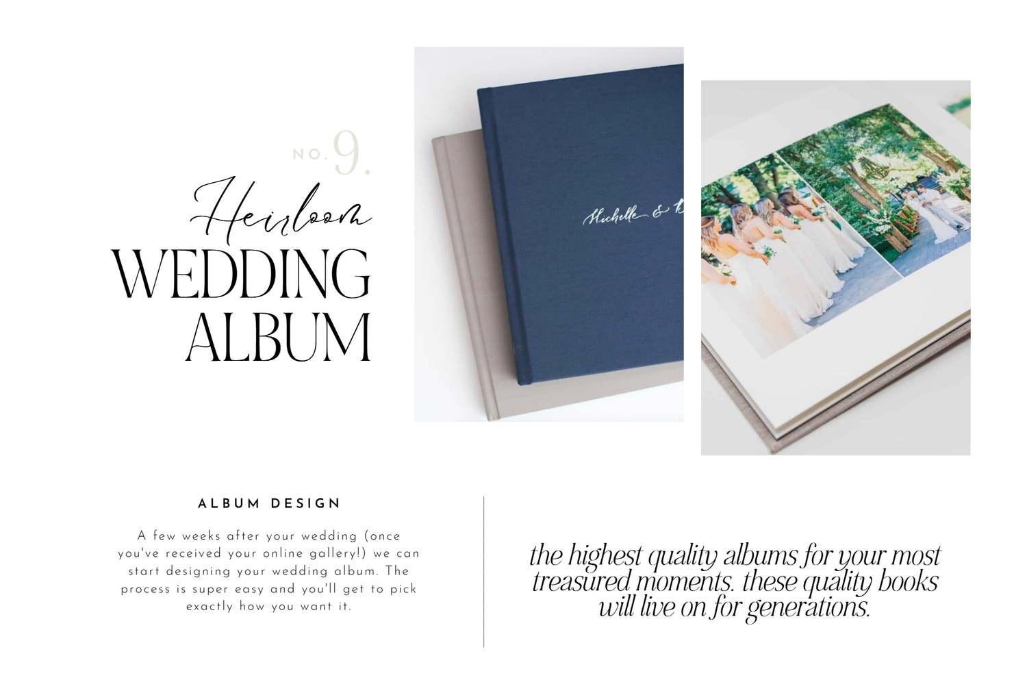 Collection of elegant wedding photo album designs showing various layouts and styles in blue and neutral color tones.