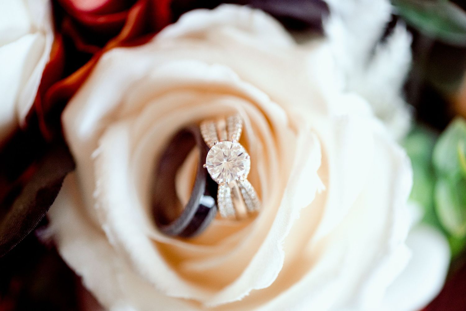 Diamond engagement ring nestled in the center of a cream colored rose bloom in soft focus.