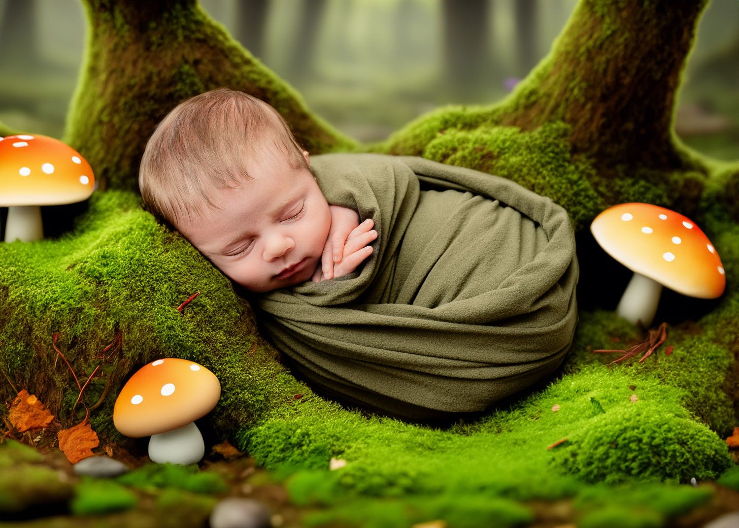 Minnesota Best newborn photos - A sleeping baby rests peacefully on soft green moss beside bright orange mushrooms in an enchanted forest.