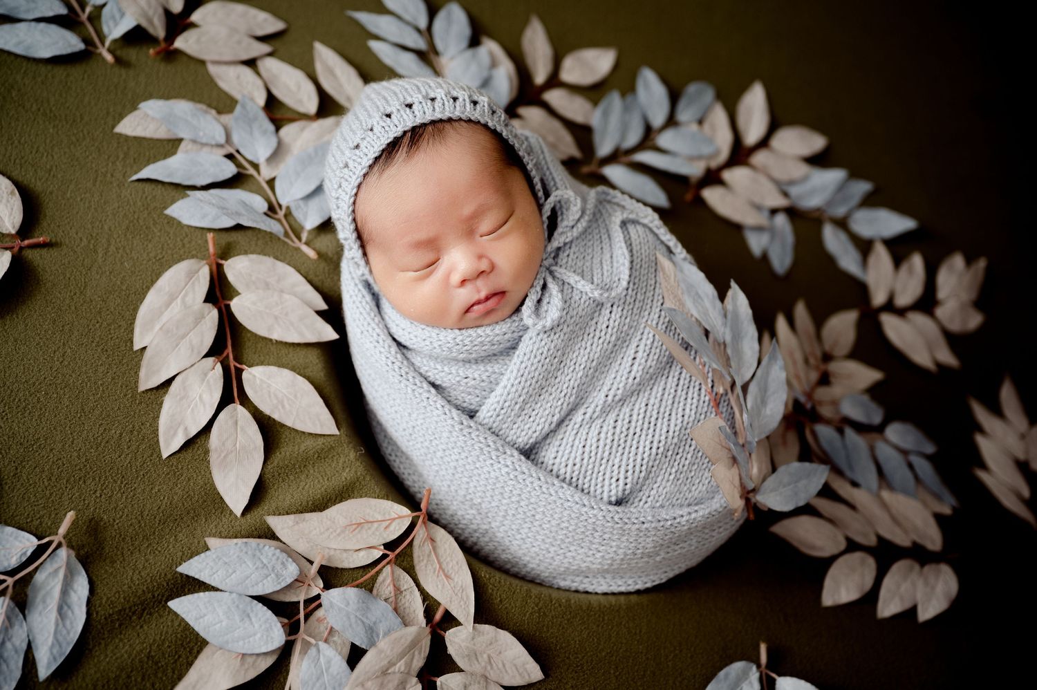 St Cloud newborn Photos of Newborn baby wrapped in light blue swaddle with matching bonnet, sleeping among white leaves on green backdrop.