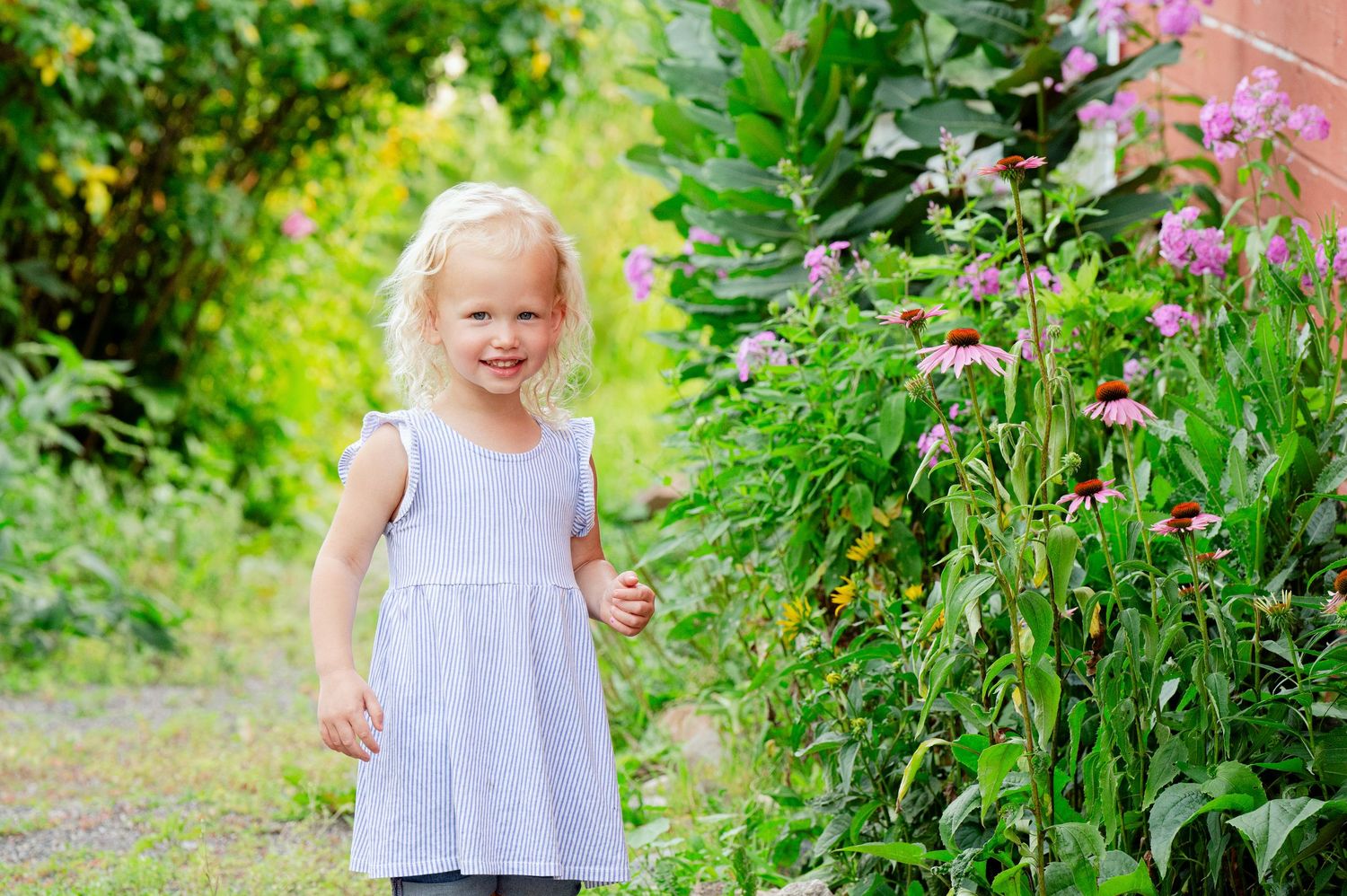 A young child in a white dress stands in a garden path next to blooming purple flowers and greenery.