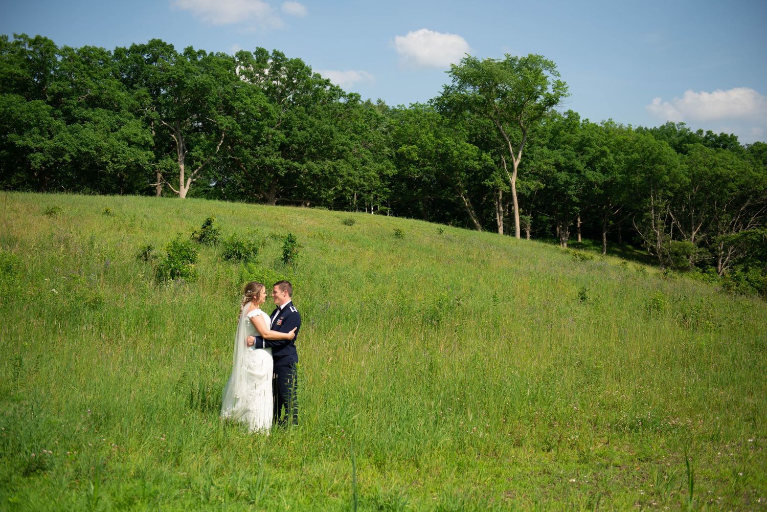 Rolling green hills and scattered trees create a scenic natural landscape under blue summer skies. Zimmerman MN Weddings
