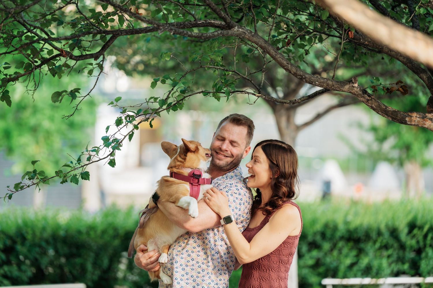 A romantic outdoor photoshoot under tree branches with natural lighting.