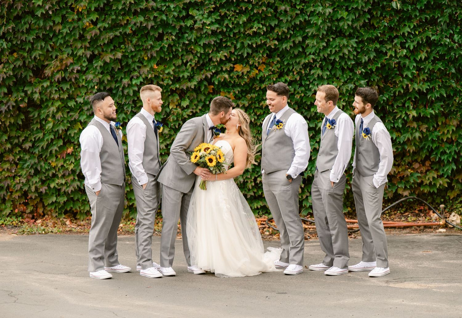 Central MN Wedding Photos | Bride and groom kiss surrounded by groomsmen in gray suits holding sunflower bouquet before ivy wall.