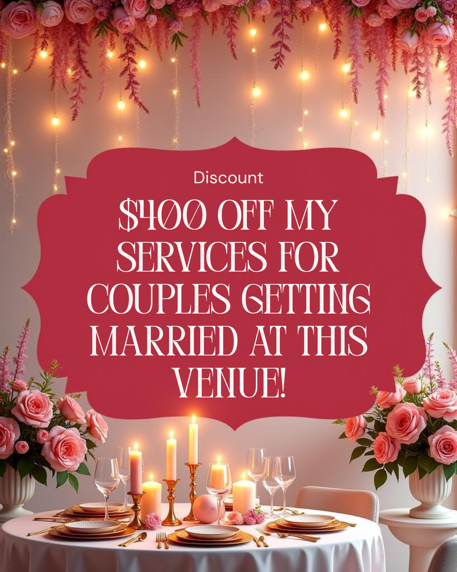 Romantic wedding venue setup with pink roses, twinkling lights, and elegant table settings under a glowing floral canopy.