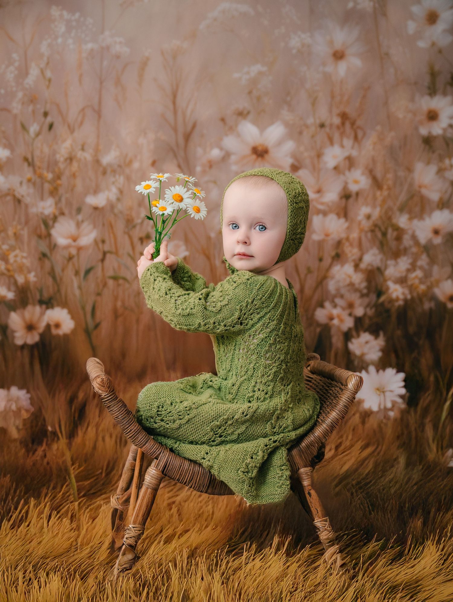 A baby in a green knit outfit holds daisies while sitting on a wicker chair amid a floral backdrop.