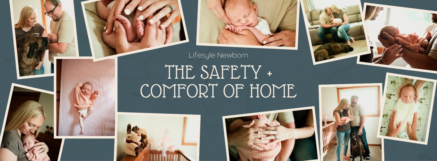 A cozy newborn photography collage showing a baby being held safely at home with warm, intimate family moments.