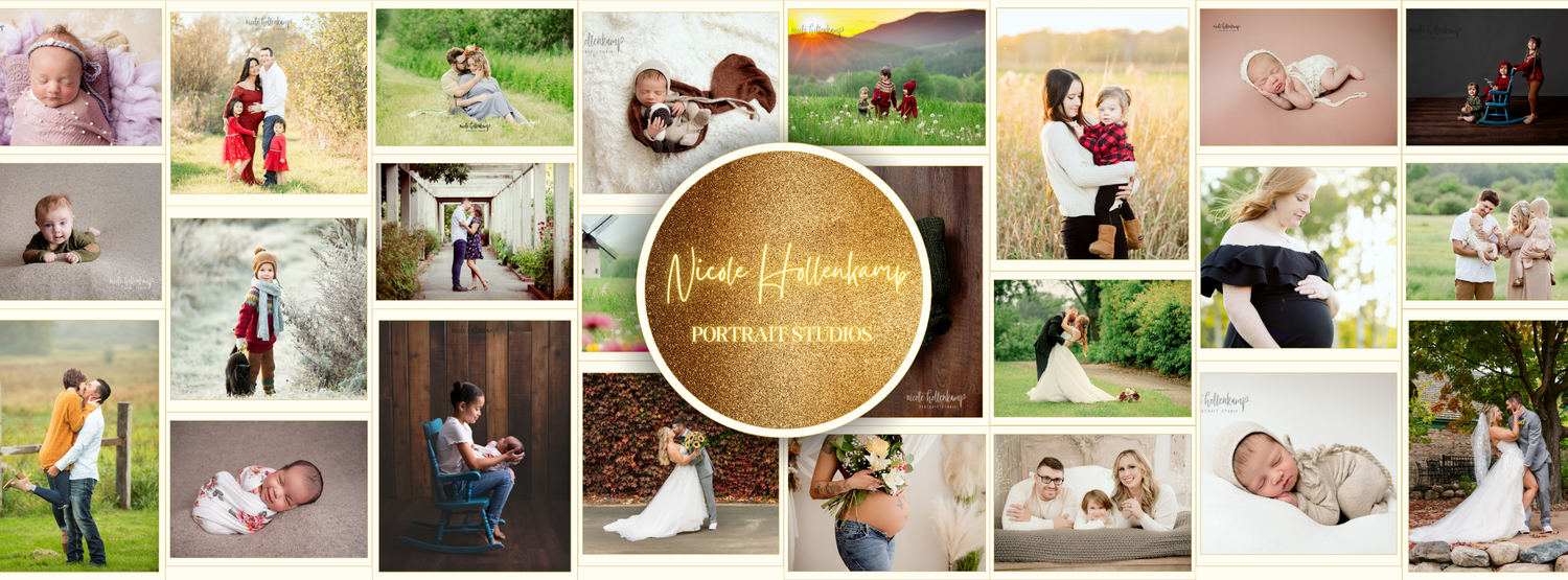 A collage of professional photography showcasing newborn portraits, family moments, and wedding rings on rustic surfaces.