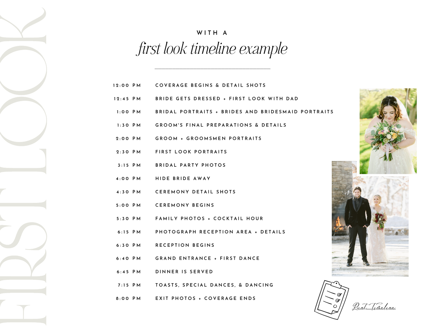 A wedding day timeline example with multiple time slots and small preview photos of floral arrangements and couples.