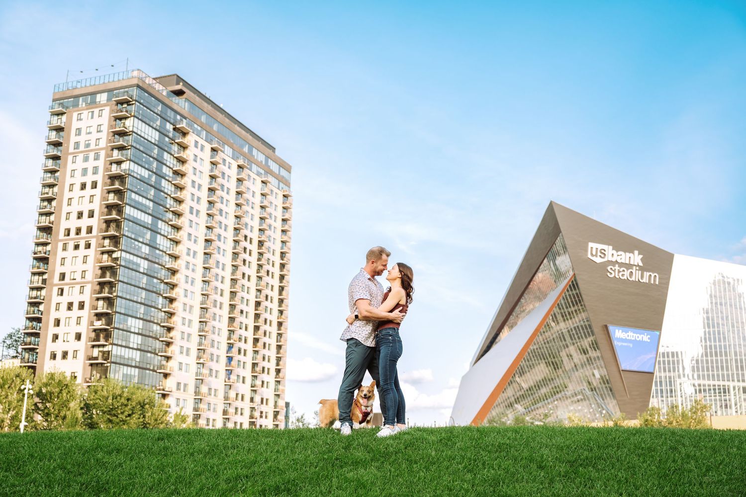 A series of architectural photos showing modern apartment buildings and high-rise structures against a bright blue sky.