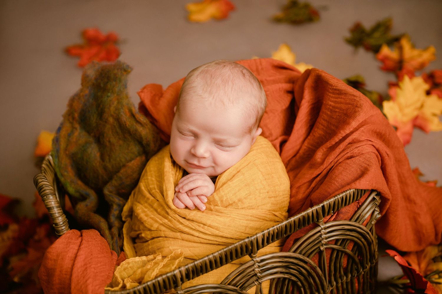 St Cloud newborn Photos of Peaceful newborn baby swaddled in yellow wrap in basket with fall leaves decor.