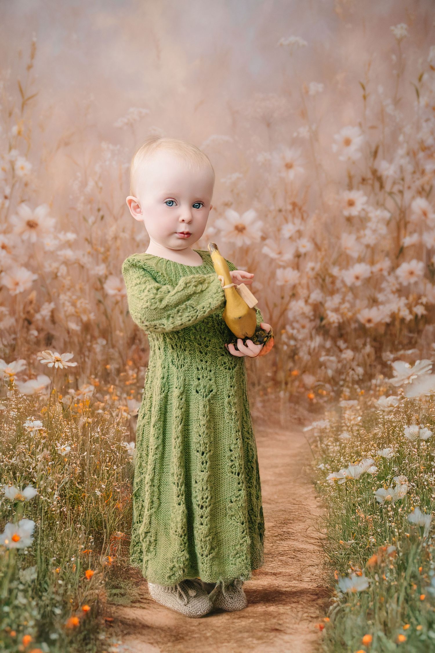 A toddler in a green knit dress holds a banana while standing on a dirt path surrounded by wildflowers. mother day photoshoot