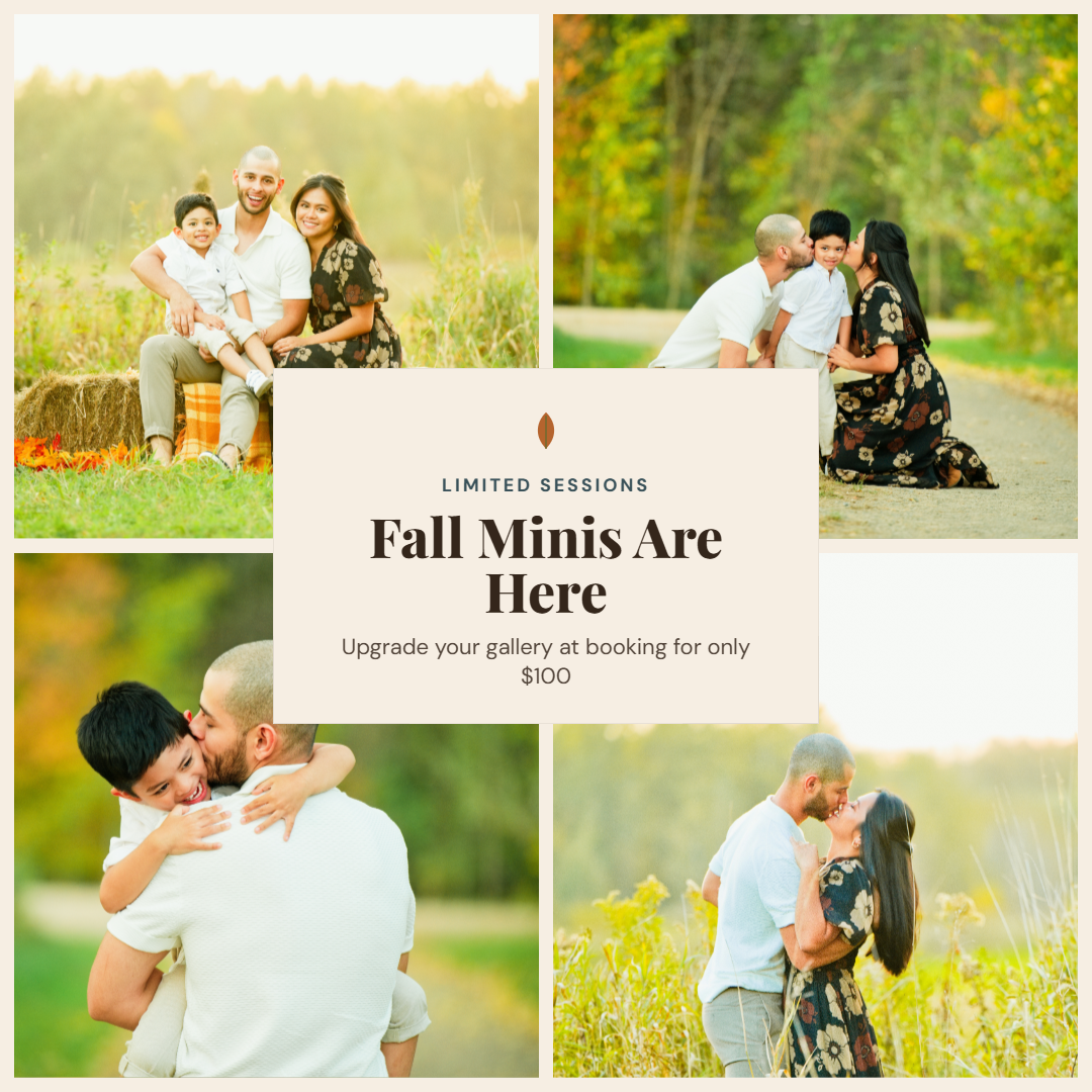 Fall family mini photo sessions promotional collage featuring couples and families posing outdoors among autumn foliage.
