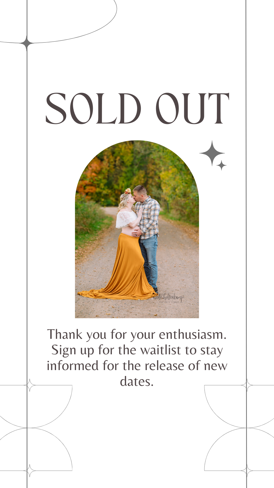 A couple in autumn scenery wearing plaid and orange dress pose together on a trail during their outdoor photoshoot.