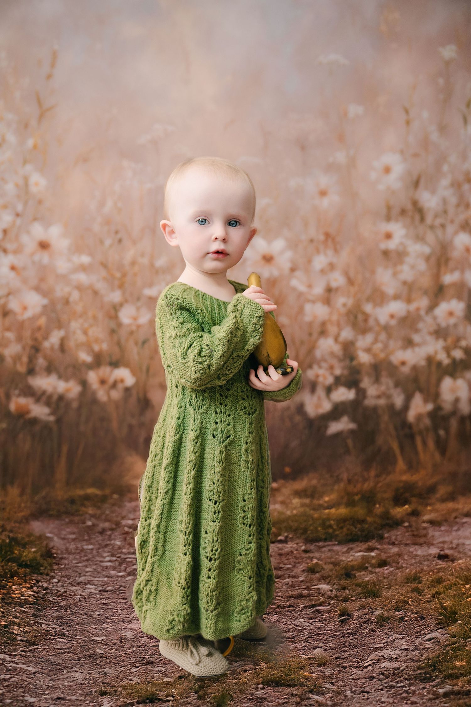 Toddler in green knit dress holding a pear, standing on a path with soft floral background. mother day photoshoot