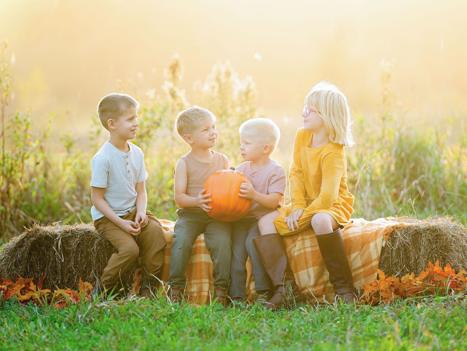 Family sitting together in autumn field with pumpkins at sunset creating warm fall memories.