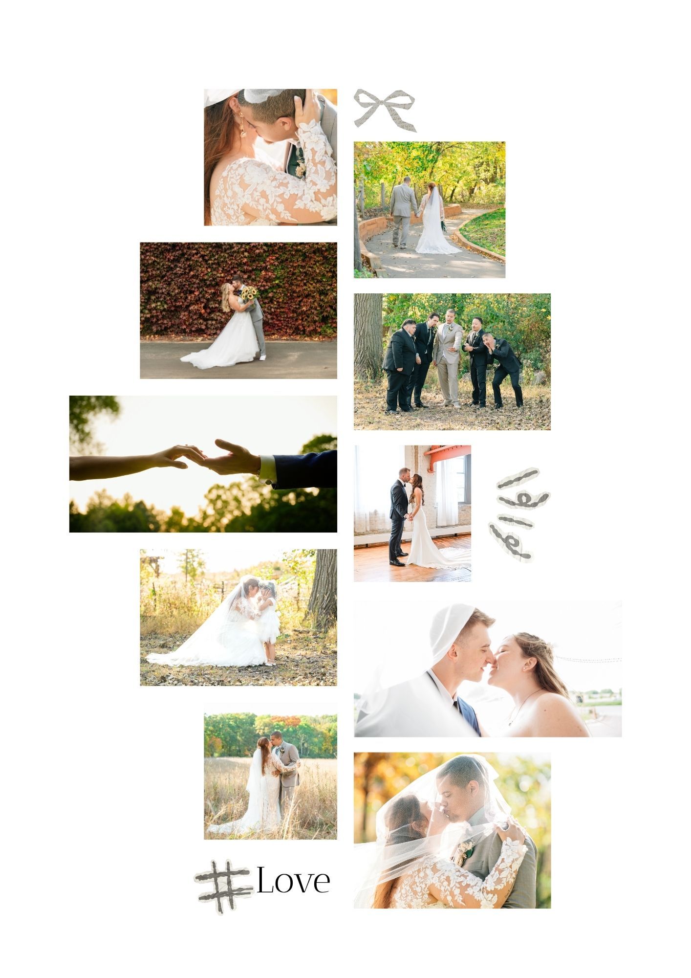 A romantic wedding photo collage featuring couples in outdoor and indoor settings with the hashtag Love displayed at the bottom.