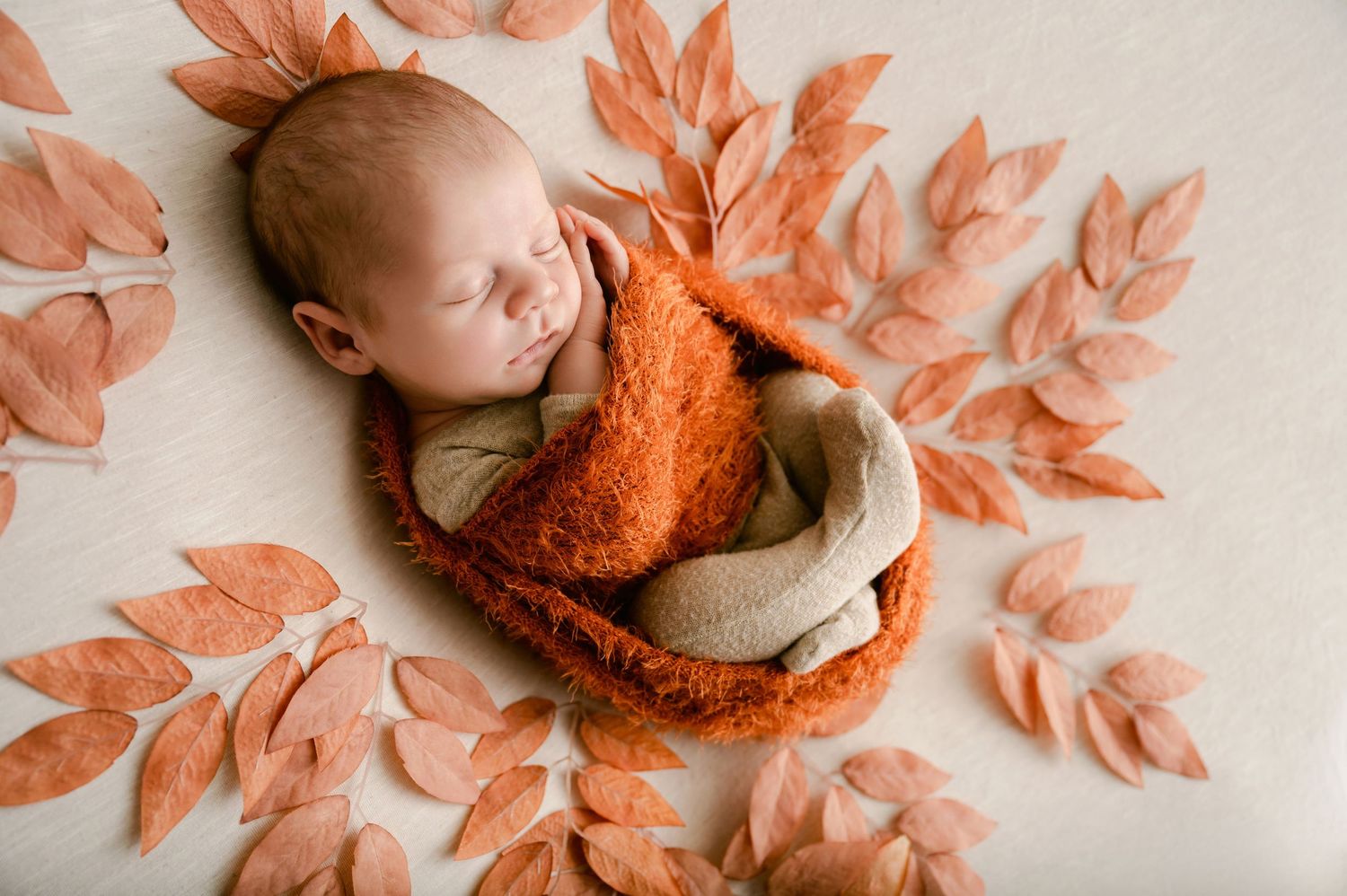 A sleeping newborn swaddled in orange knit wrap lies on cream backdrop surrounded by coral-colored autumn leaves.