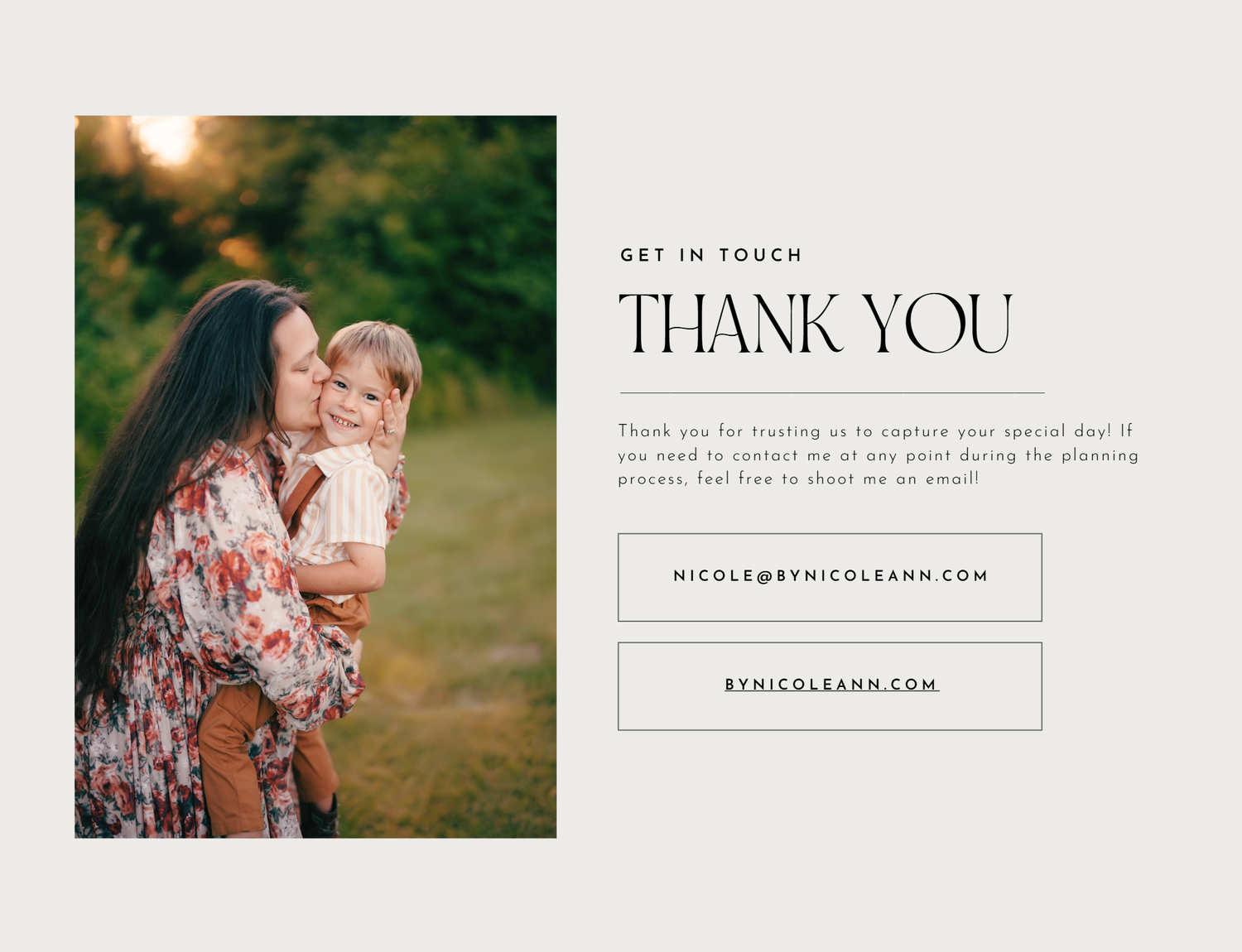 A collection of warm-toned engagement photos and wedding thank you cards arranged in a horizontal layout.
