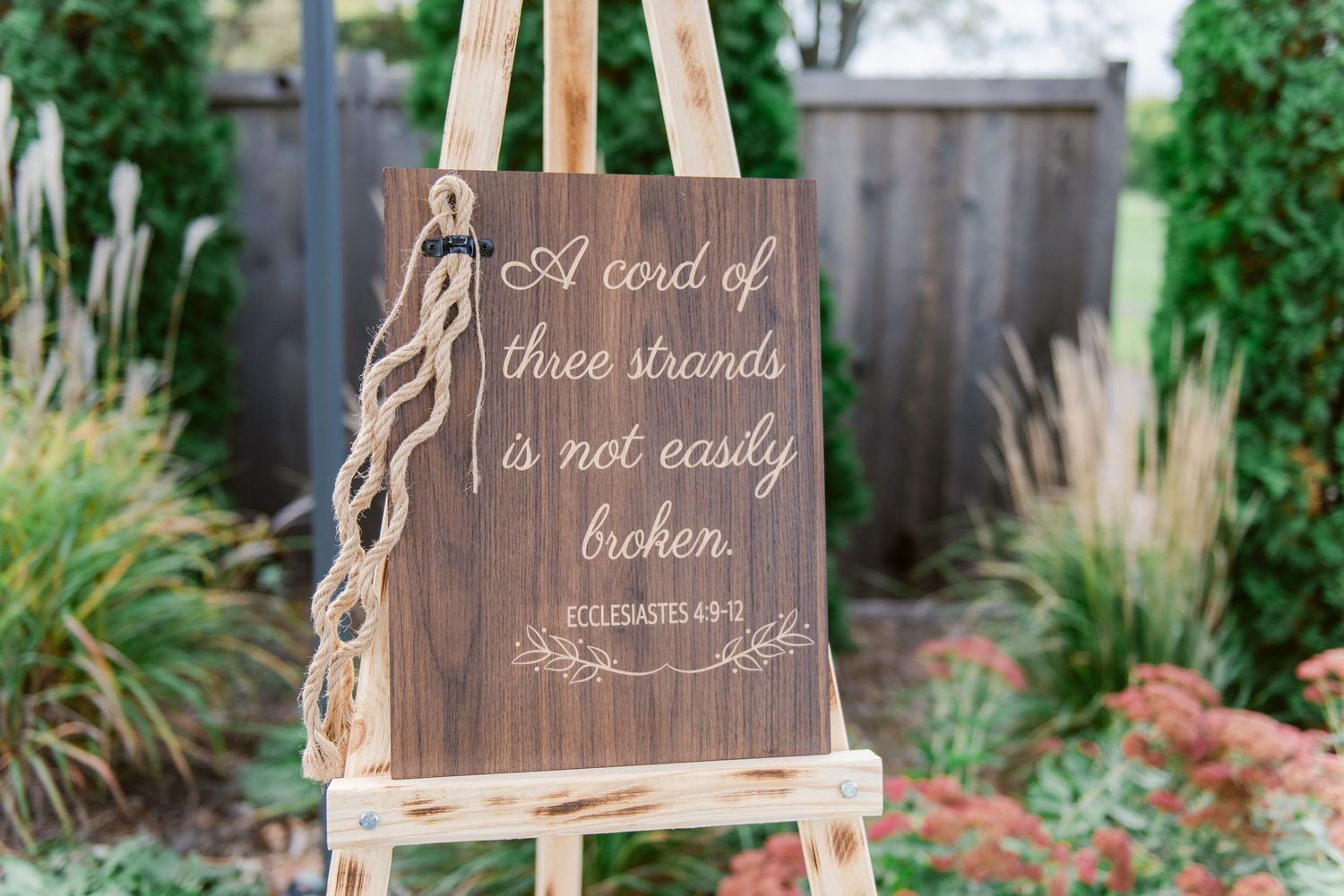 Central MN Wedding Photos - Wooden wedding sign with Ecclesiastes 4:9-12 cord of three strands verse.