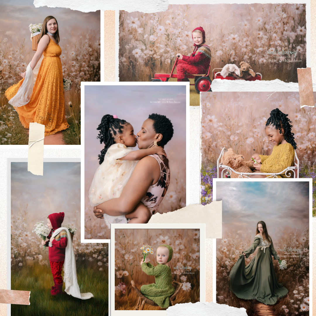 Collage of maternity and family portrait photos featuring women and children in floral fields and studio settings.