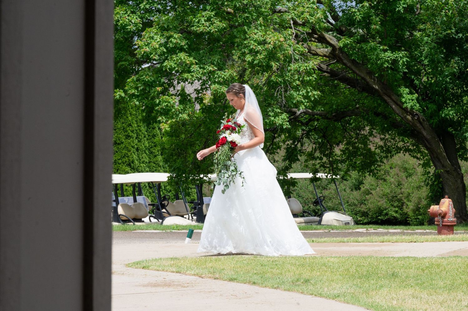 Bride in white gown and veil holds red bouquet outdoors near lush green trees on her wedding day.