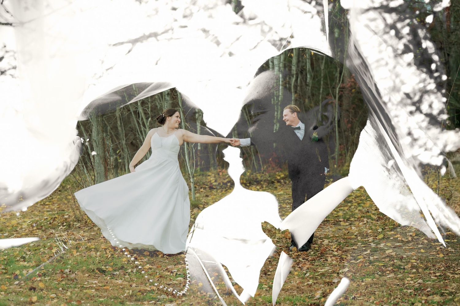 A creative double exposure wedding photo showing movement and joy in a natural setting.
