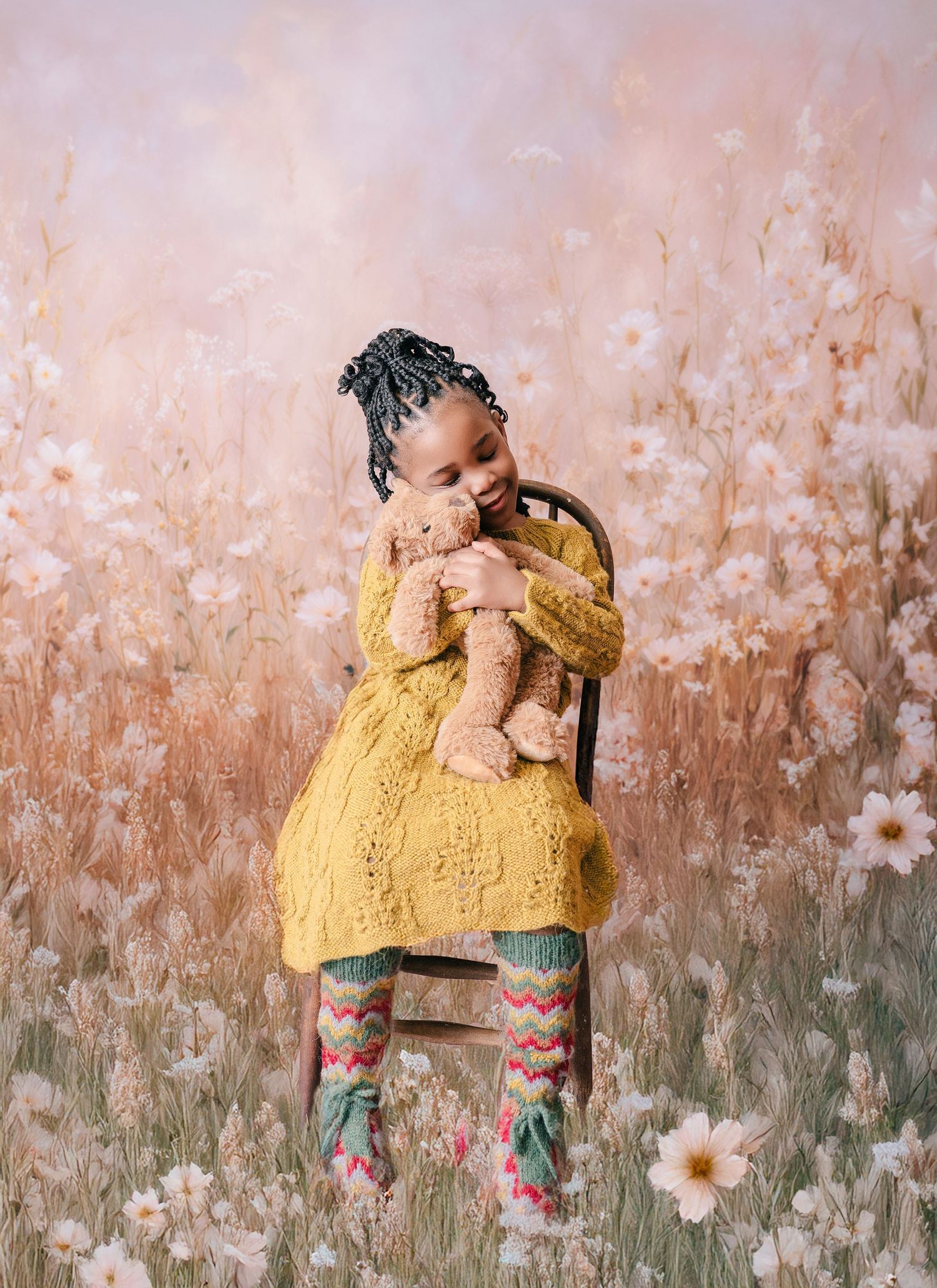 A young girl in a yellow dress hugs a teddy bear while sitting on a chair among blooming wildflowers.. Minnesota milestone photographer