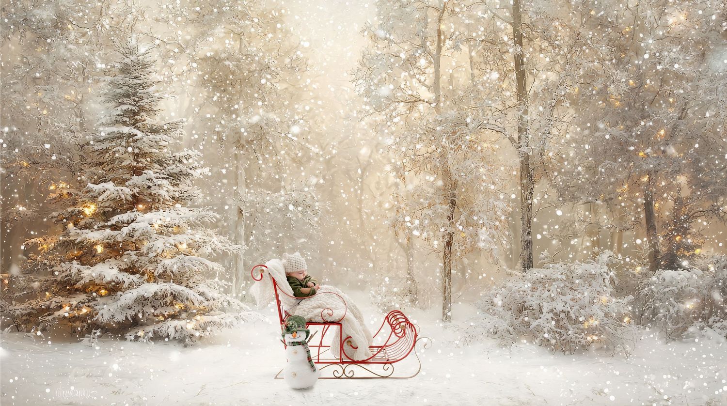 Empty wooden sleigh sits in a snowy winter forest with falling snowflakes and evergreen trees in soft golden light. Princeton MN Milestone,