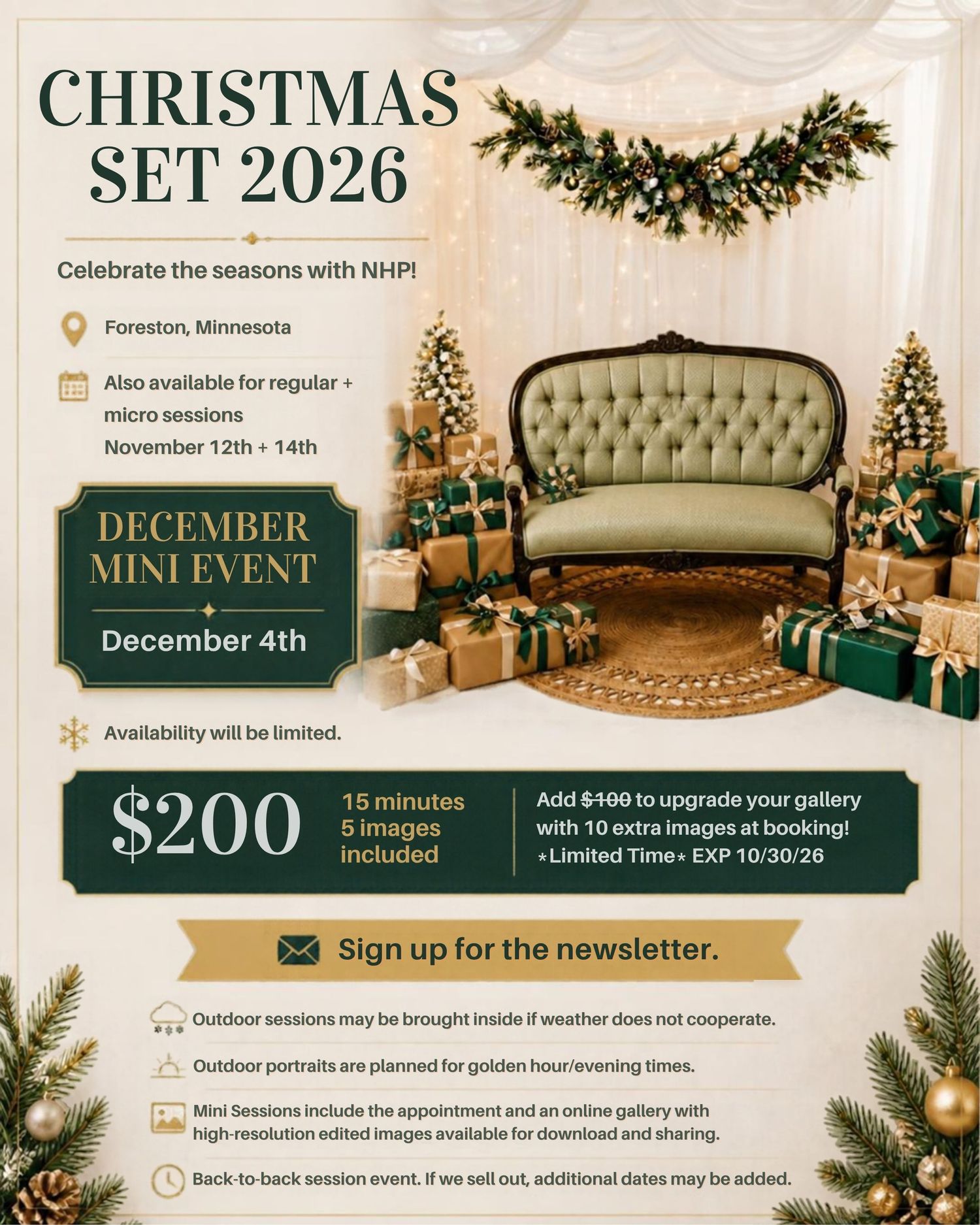 Christmas mini session flyer for 2026 featuring festive decor, green sofa, gifts, and pricing details in Foreston, Minnesota.
