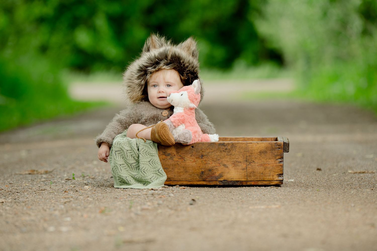 Central MN Milestone Photography - Baby in wolf hat sits in rustic wooden crate on road, holding pink stuffed animal toy outdoors.