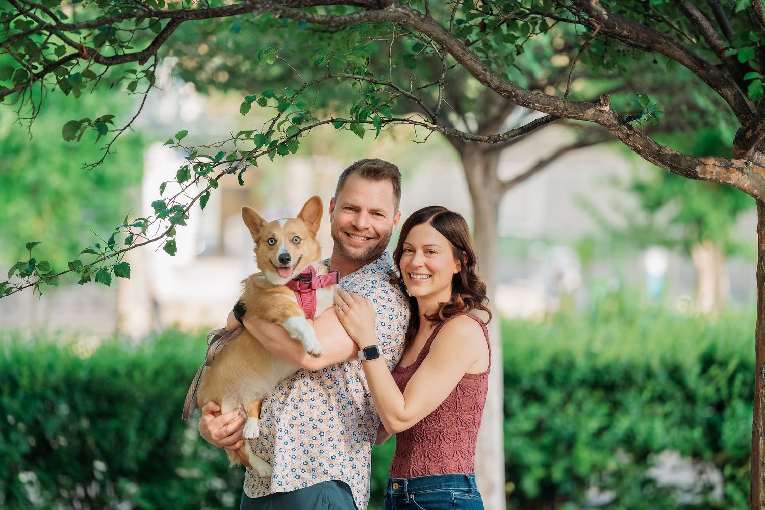 A couple embraces on a sunny day with vibrant greenery and trees creating a natural backdrop.