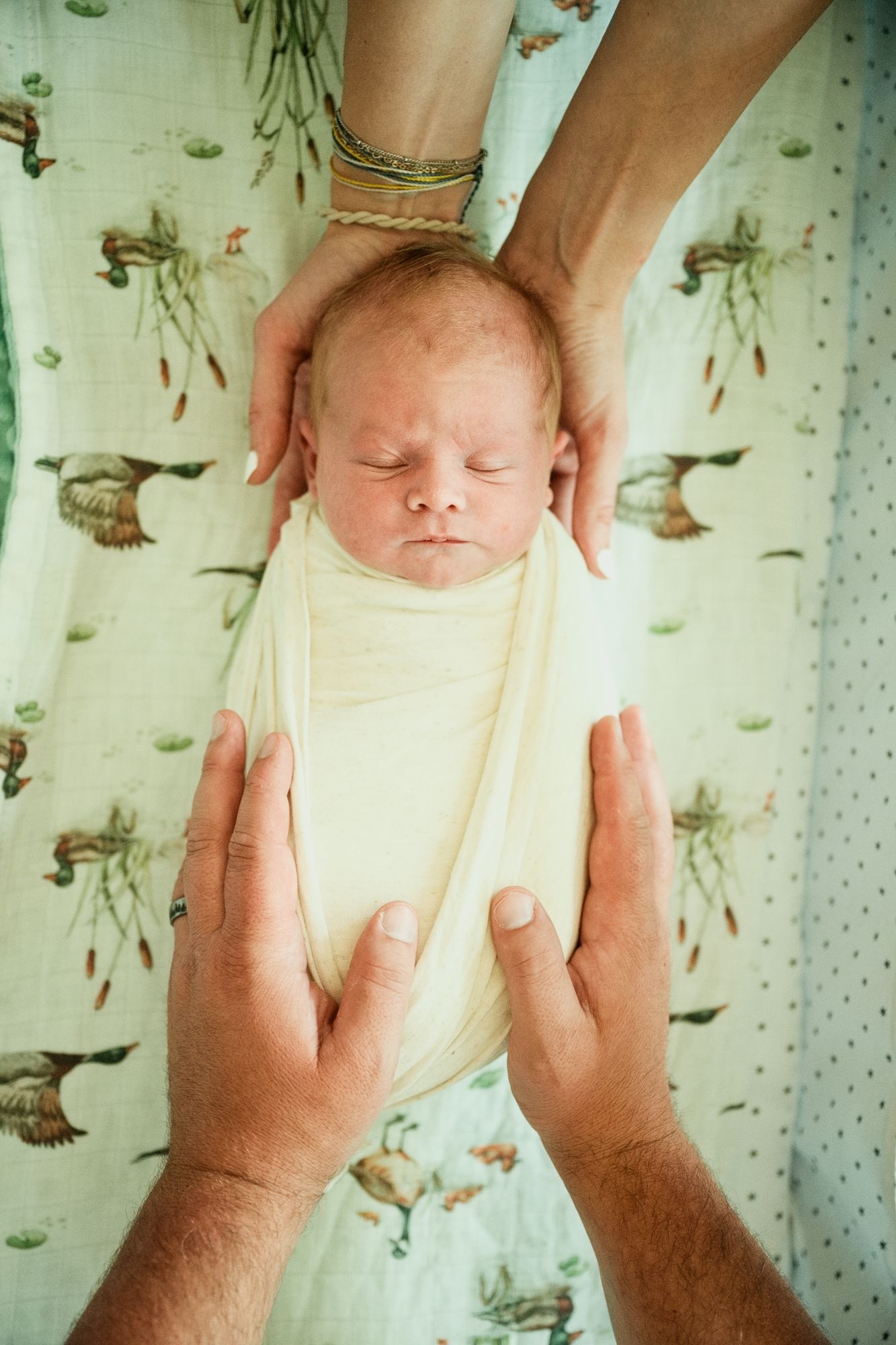Newborn baby swaddled in yellow wrap, cradled gently by two pairs of adult hands on a duck-patterned blanket.