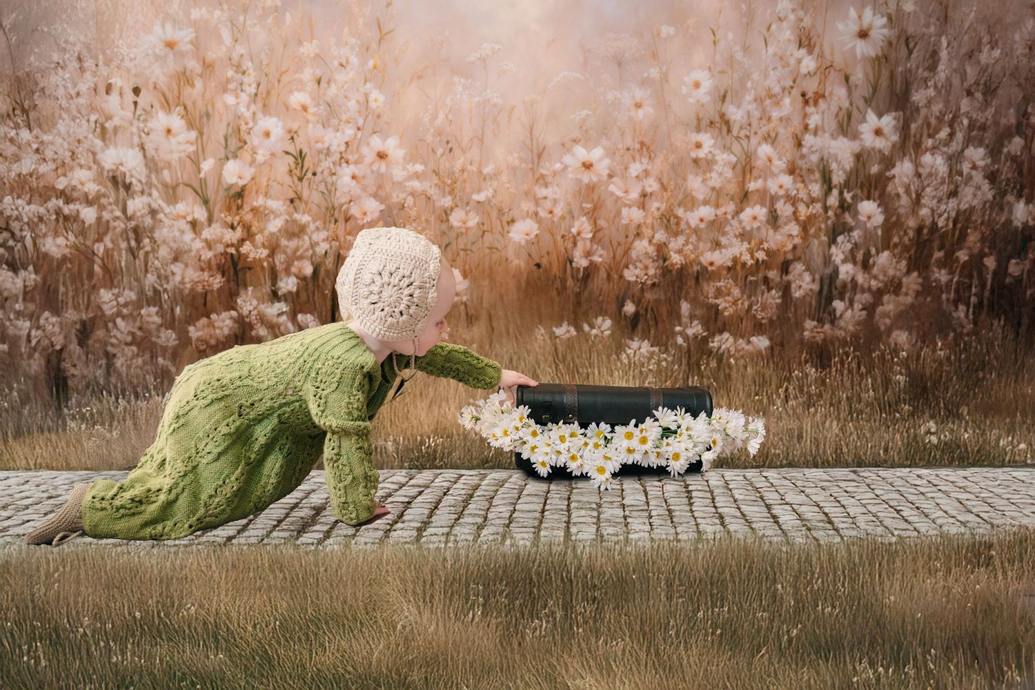 Baby in green knit outfit and bonnet reaching toward a floral bowl on cobblestones with dreamy dandelion backdrop. mother day photoshoot