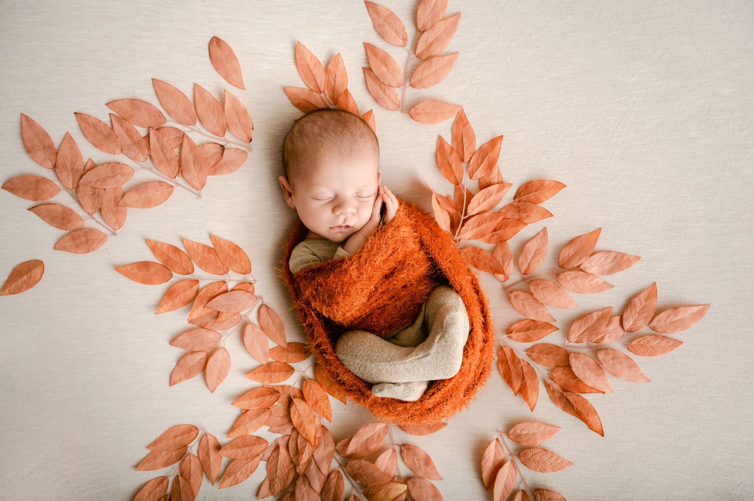 A sleeping baby wrapped in orange fabric lies surrounded by coral-colored autumn leaves on a cream background.