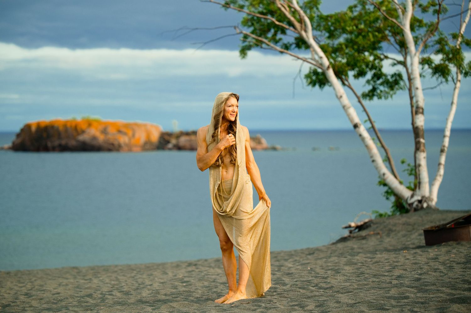 Woman in flowing golden dress standing on sandy beach with birch tree and rocky island in background.