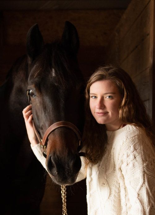 Central MN Senior Photos - Young woman in white cable-knit sweater posing with a dark brown horse wearing a leather halter inside a stable.