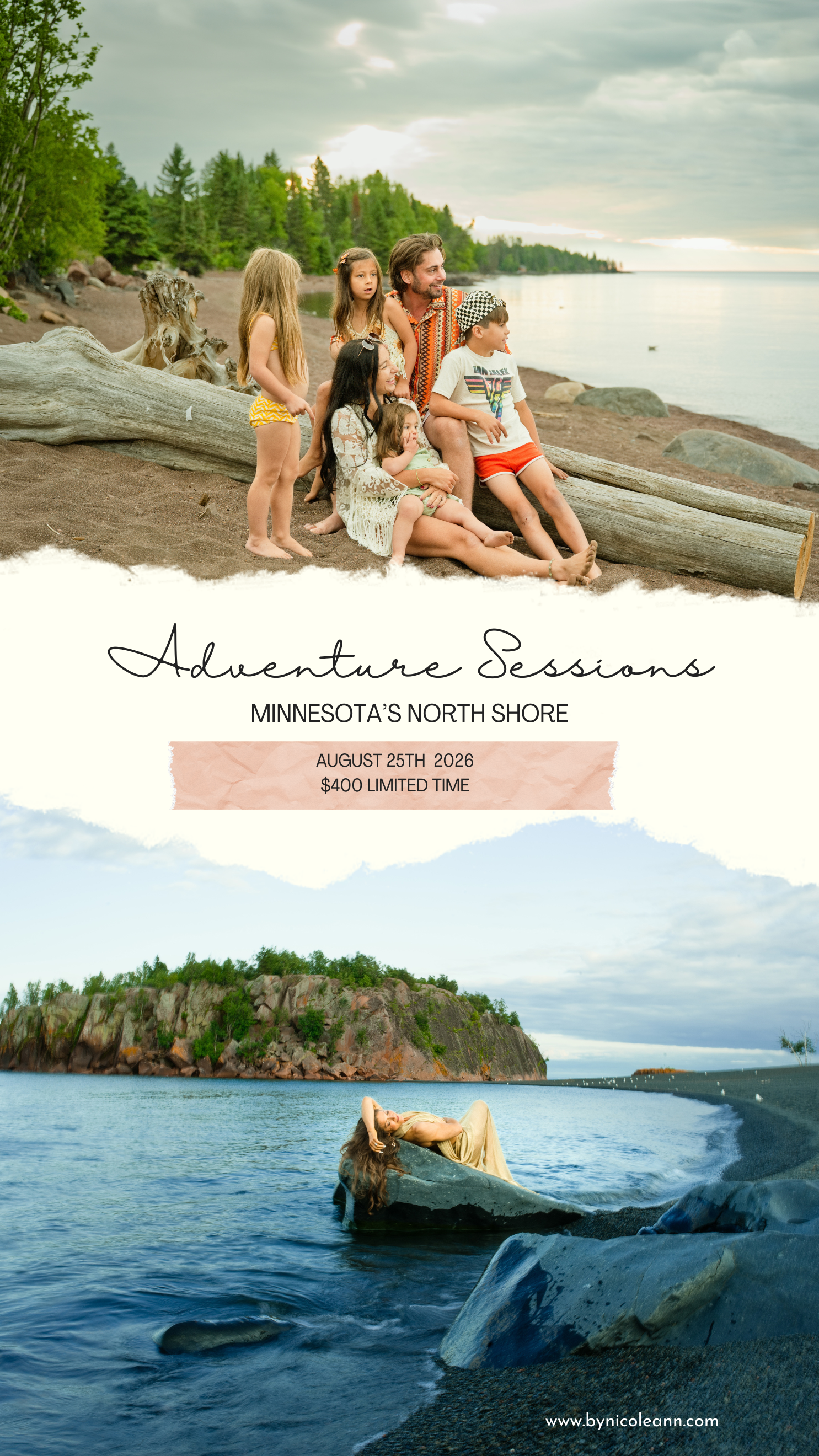 A family with children poses on driftwood at Minnesota's North Shore beach, with a woman resting on rocks by Lake Superior below.