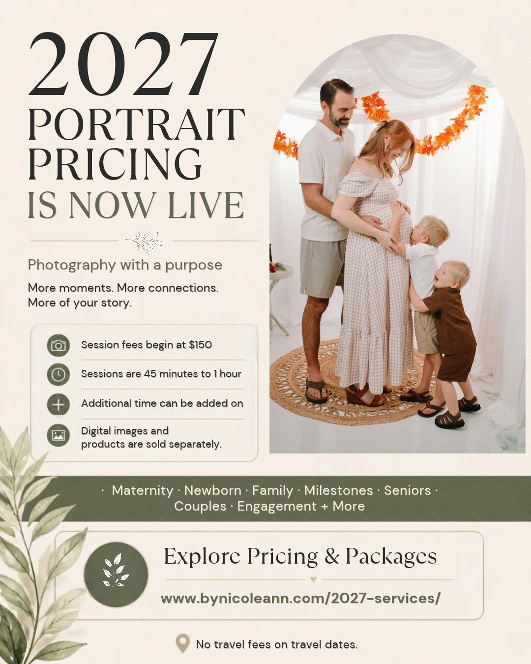 2027 portrait pricing flyer featuring a family photo session with maternity, newborn, and couples packages starting at $150.