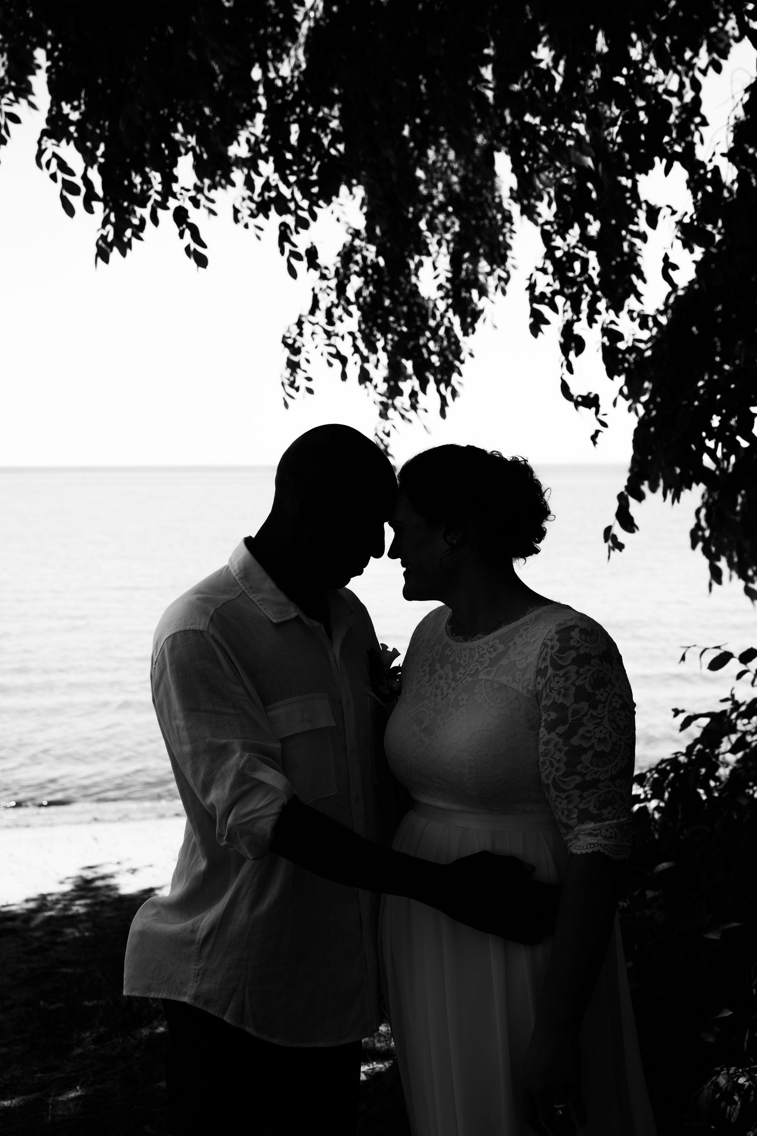 Black and white silhouette of a romantic couple embracing near the ocean under tree branches, likely on their wedding day.
