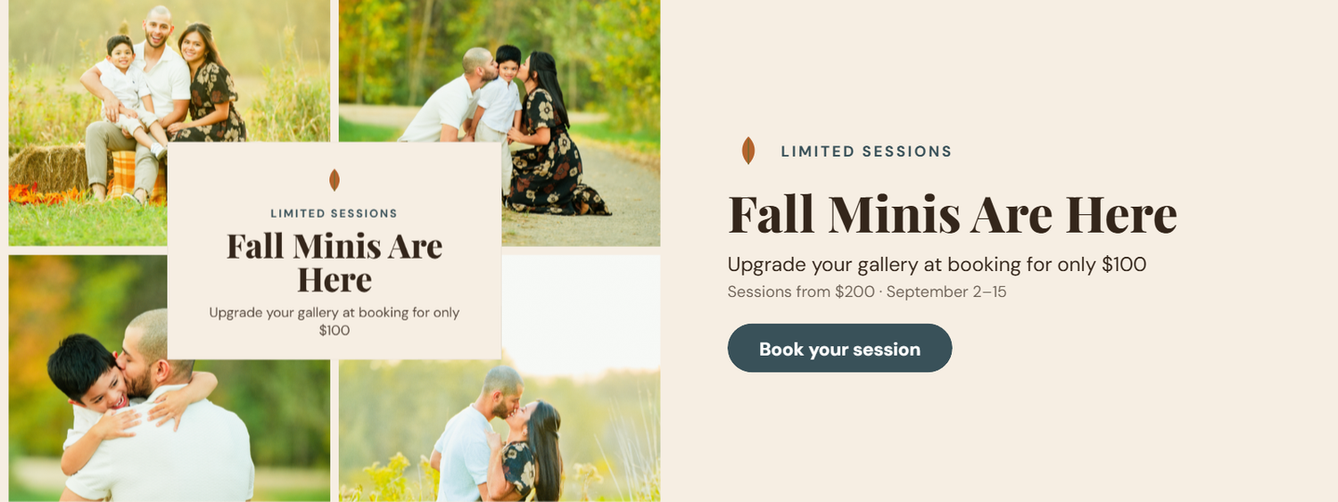 Family posing outdoors in fall setting for a limited mini photography session promotion.