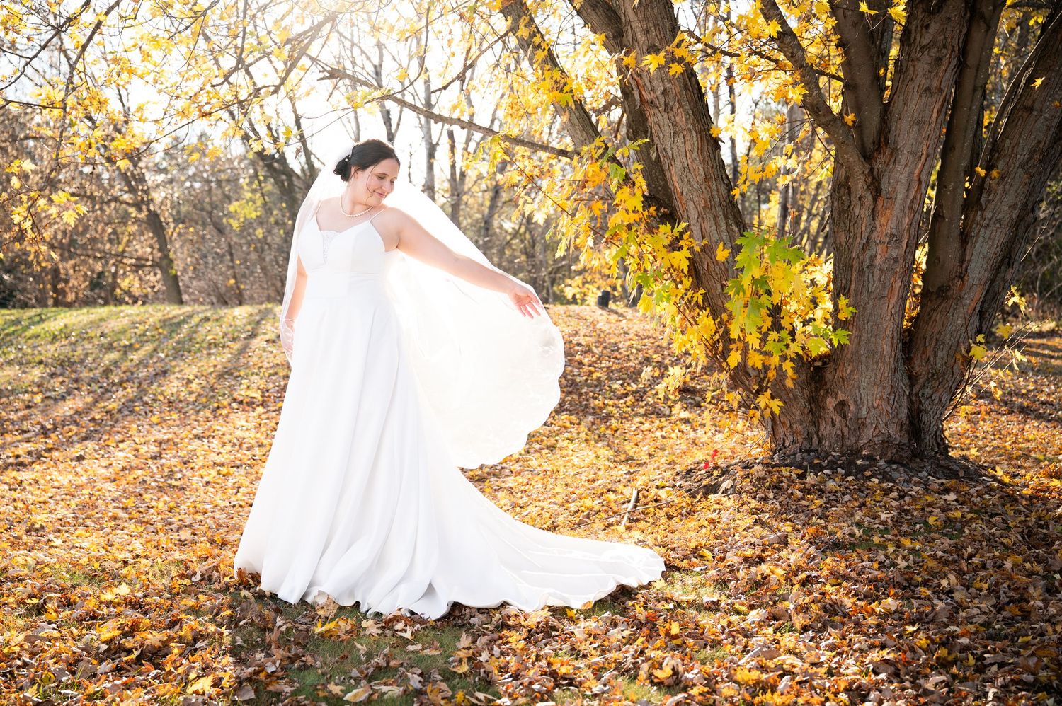 A romantic autumn wedding photoshoot with flowing white dress against golden fall foliage in a wooded setting.