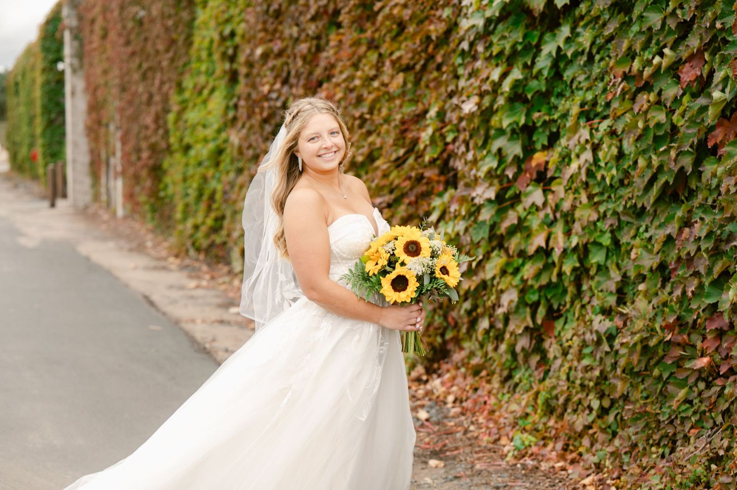 Central MN Wedding Photos | Smiling bride in white dress and veil holding sunflowers by ivy-covered wall.