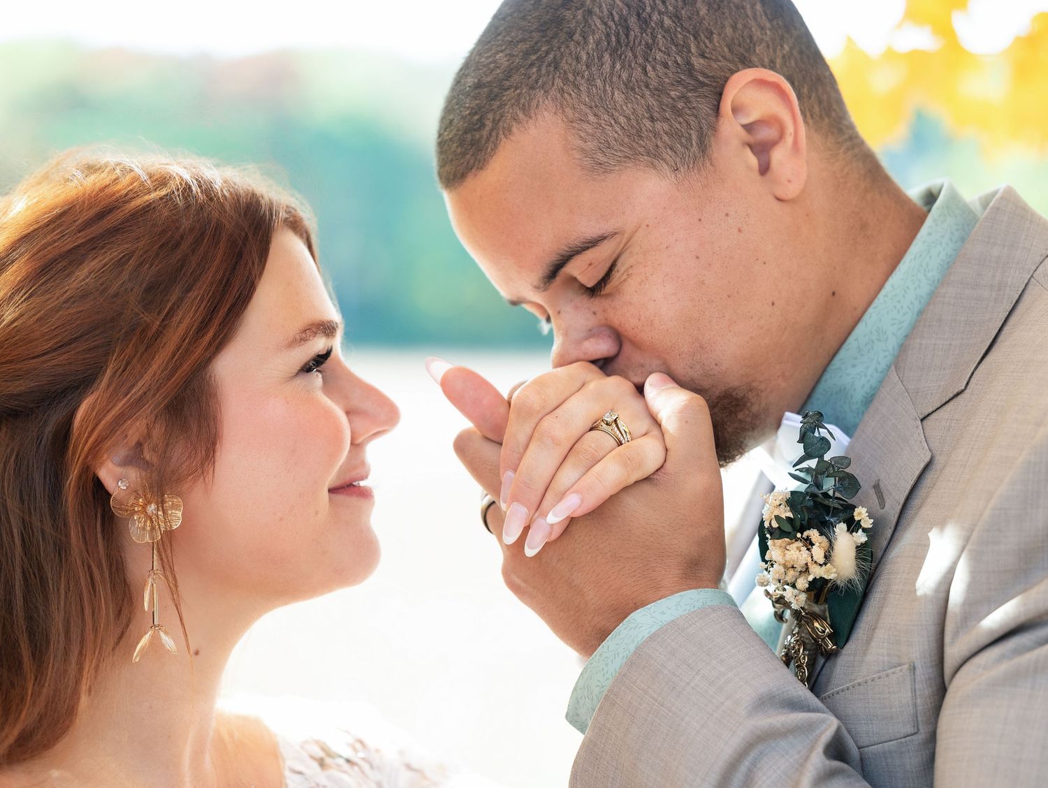 A romantic wedding couple shares intimate moments in a series of close-up portraits.