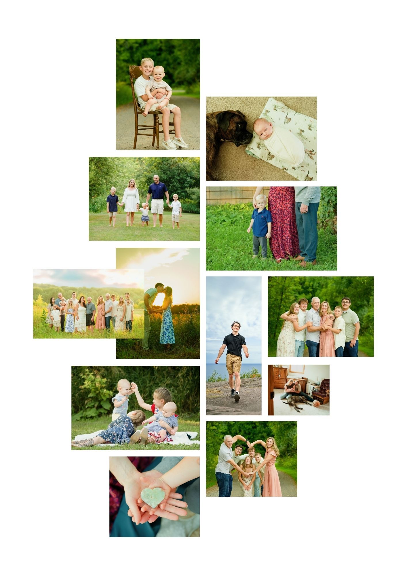 A heartwarming family photo collage featuring multiple outdoor portraits of parents, children, and newborns in natural settings.
