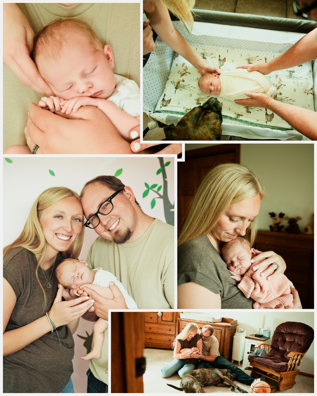Newborn baby photo collage featuring parents holding their infant, close-up sleeping baby, and family lifestyle moments at home.