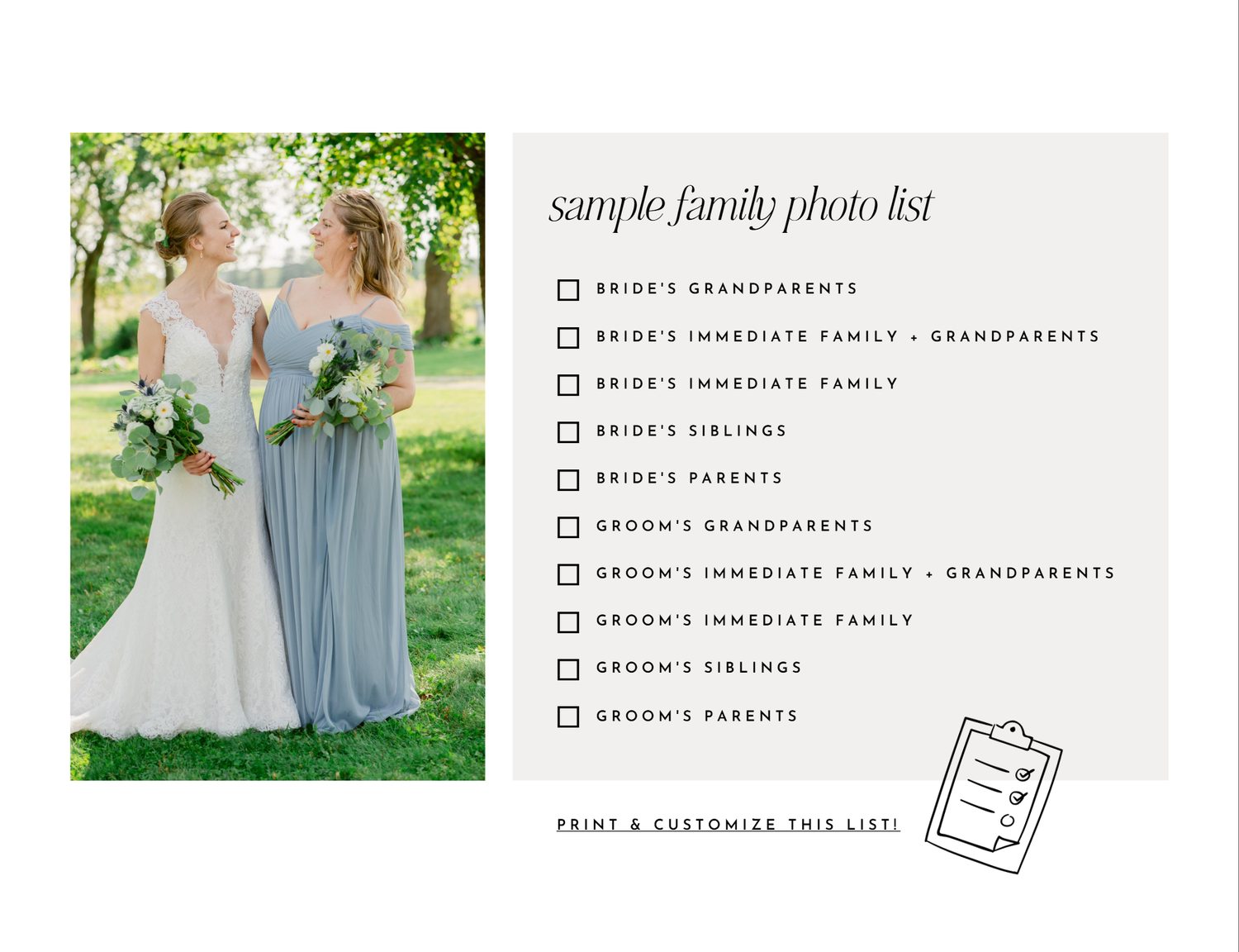 A wedding checklist template shows photography shot list ideas with small preview photos and checkboxes on white paper.
