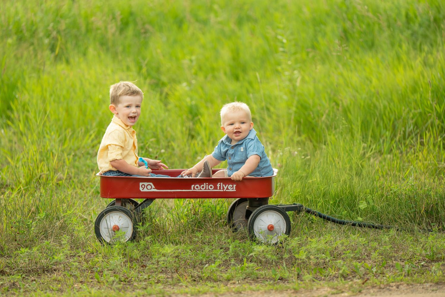 Two young children share happy moments while riding in a red Radio Flyer wagon on lush green grass. Family Portraits & Milestone Moments in