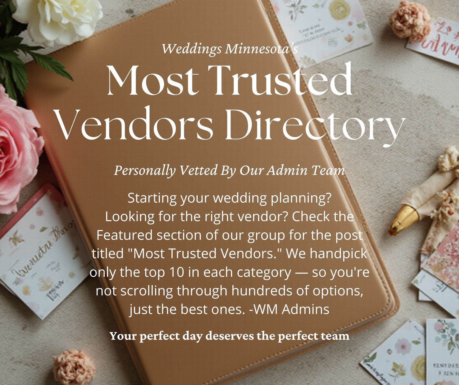 Weddings Minnesota Most Trusted Vendors Directory promotional graphic with floral accents and elegant gold book.